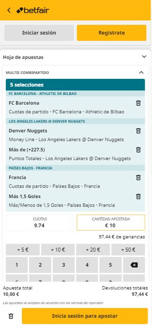 Interfaz de Betfair apuestas